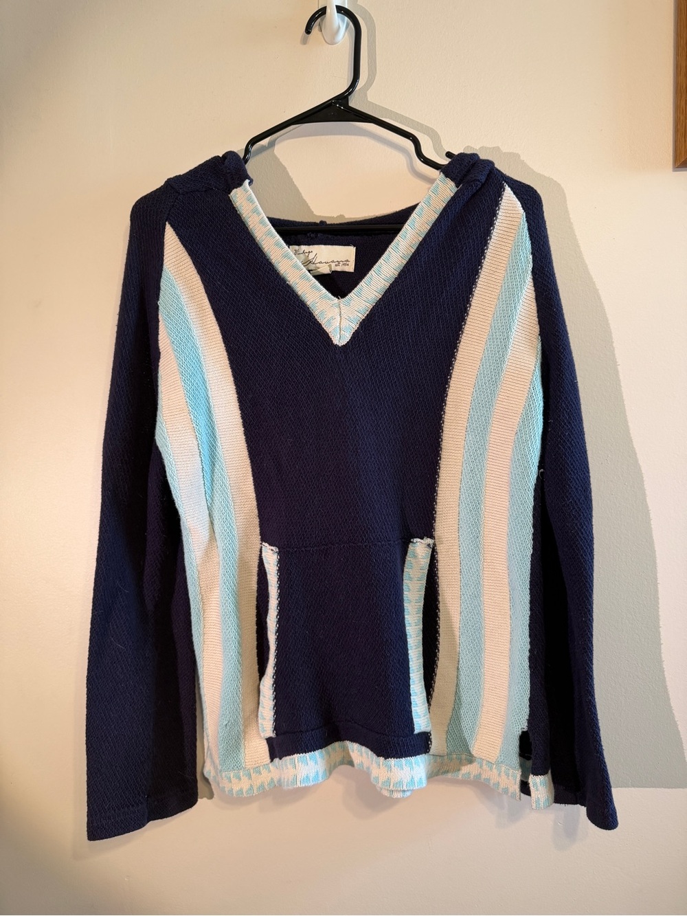 Vintage Havana Navy V-Neck Sweater with Aqua & Cream Stripes